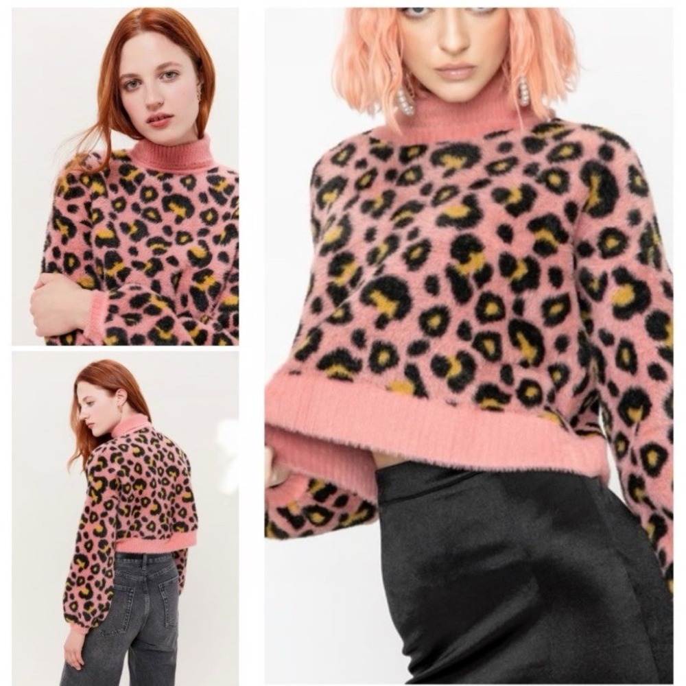 For Love & Lemons Angelina Pink Leopard Fuzzy Cropped Sweater Medium
